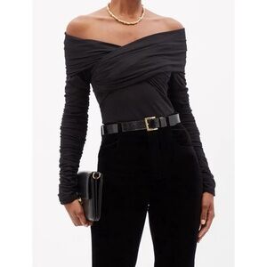 KHAITE Black Off-Shoulder Ruched Blouse